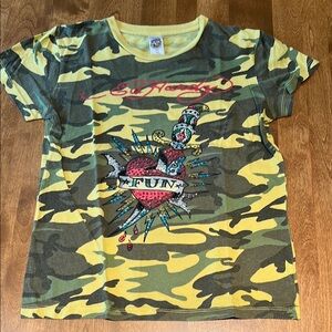 Vintage Ed Hardy Green and Yellow Camo T-Shirt with Crystals. Gently worn.